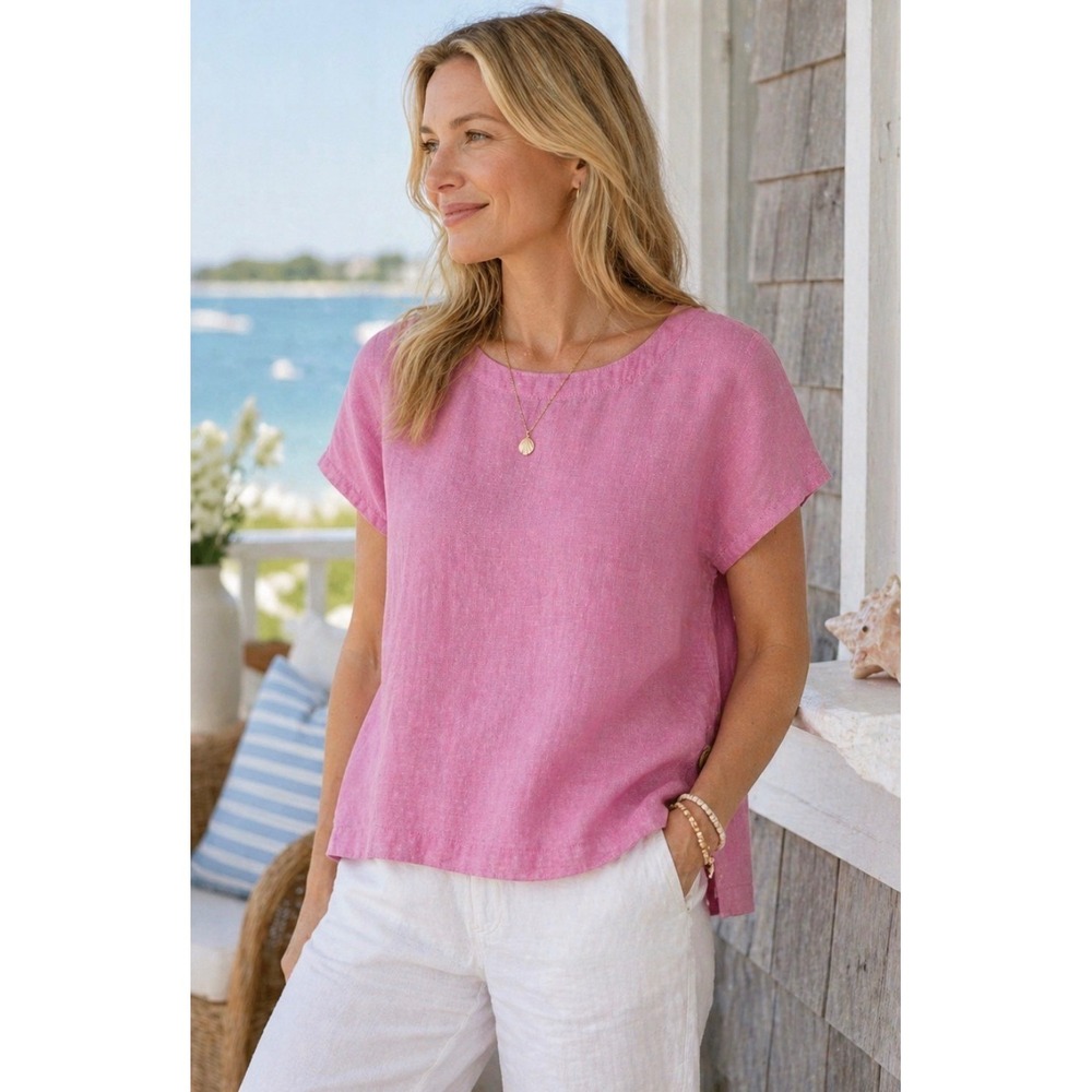 Cynthia Rowley Pink Linen Top Boxy Fit Short Sleeve Lightweight‎ Size L